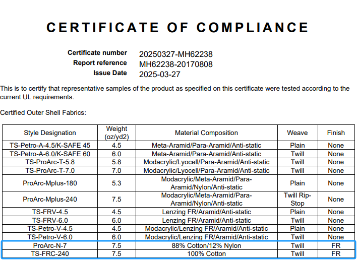 Update on TS-FRC-240 and ProArc-N-7 FR Cotton UL Certification